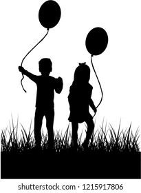 Silhouette of children with balloon.