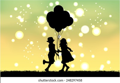 Silhouette of children with balloon.