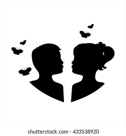 Silhouette of children and butterflies. Black isolated on white color background. Vector