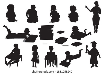 silhouette children cartoon shape reading the book vector design