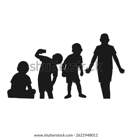 Silhouette of Children Doing Activities. Black Silhouette of a Child Sitting, Taking a Selfie. Children Happy.