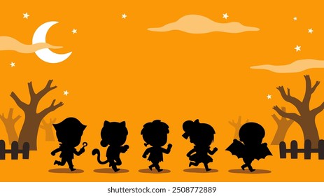 Silhouette of Children dressed in Halloween costumes to go Trick or Treating. Halloween costume kids in spooky holiday. Template for advertising brochure.