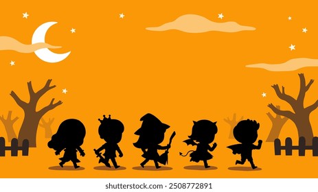 Silhouette of Children dressed in Halloween costumes to go Trick or Treating. Halloween costume kids in spooky holiday. Template for advertising brochure.