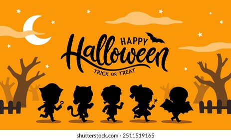 Silhouette of Children dressed in Halloween costumes to go Trick or Treating. Halloween costume kids in spooky holiday. Template for advertising brochure.