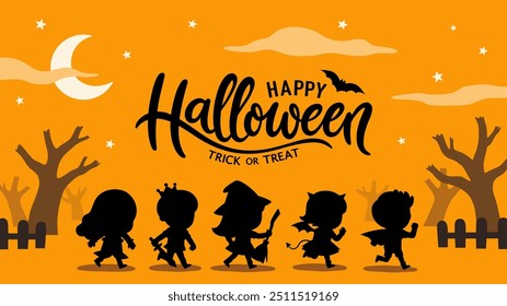 Silhouette of Children dressed in Halloween costumes to go Trick or Treating. Halloween costume kids in spooky holiday. Template for advertising brochure.