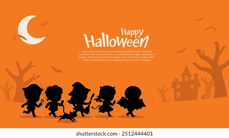 Silueta de niños vestidos con disfraces de Halloween para ir a Truco o Tratar con un gato. Disfraz de Halloween para niños en vacaciones espeluznantes. Plantilla para folleto publicitario.