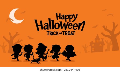 Silueta de niños vestidos con disfraces de Halloween para ir a Truco o Tratar con un gato. Disfraz de Halloween para niños en vacaciones espeluznantes. Plantilla para folleto publicitario.