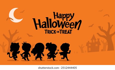 Silueta de niños vestidos con disfraces de Halloween para ir a Truco o Tratamiento. Disfraz de Halloween para niños en vacaciones espeluznantes. Plantilla para folleto publicitario.