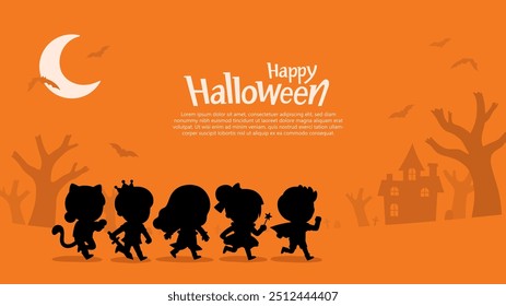 Silhouette of Children dressed in Halloween costumes to go Trick or Treating. Halloween costume kids in spooky holiday. Template for advertising brochure.