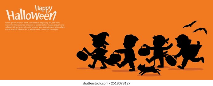 Silhouette of Children dressed in Halloween costumes to go Trick or Treating with a cat. Halloween costume kids in spooky holiday. Template for advertising brochure.