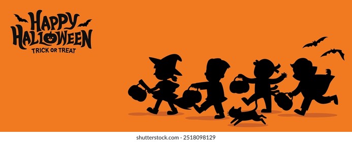 Silhouette of Children dressed in Halloween costumes to go Trick or Treating with a cat. Halloween costume kids in spooky holiday. Template for advertising brochure.