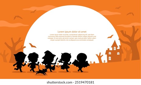 Silhouette of Children dressed in Halloween costumes to go Trick or Treating with a cat. Halloween costume kids in spooky holiday. Template for advertising brochure.