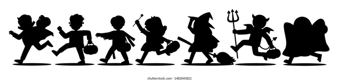 Silhouette of Children dressed in Halloween fancy dress to go Trick or Treating. Happy Halloween. Template for advertising brochure.