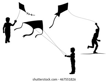 Silhouette Of Children Flying Kites - Vector Illustration