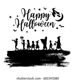 Silhouette of Children going trick-or-treating on Halloween, vector