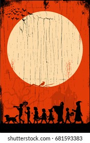 Silhouette of Children going trick-or-treating on Halloween on a wooden board, vector