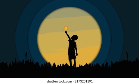 Silhouette of children grab the stars at sunset. Vector illustration
