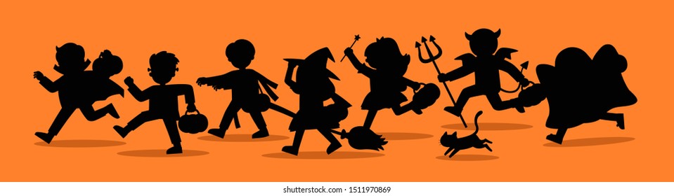 Silhouette of Children in Halloween fancy dress to go Trick or Treating. Happy Halloween. Template for advertising brochure.