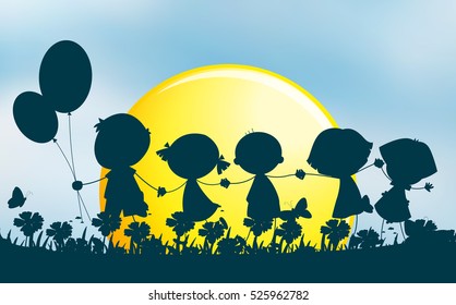Silhouette children holding hands in park illustration
