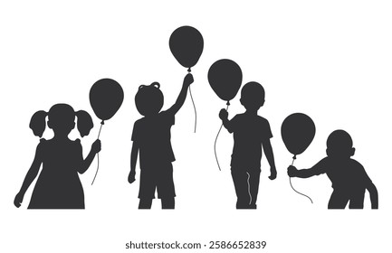 Silhouette of Children Holding and Playing with Balloons. Silhouette of Black Children Playing Happily.