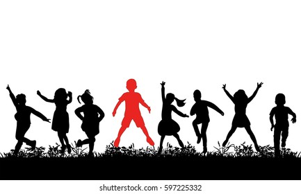  silhouette of children jumping on the grass