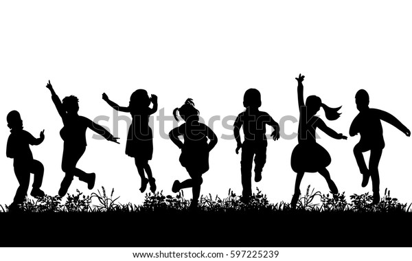 Silhouette Children Jumping On Grass Childhood Stock Vector (Royalty ...