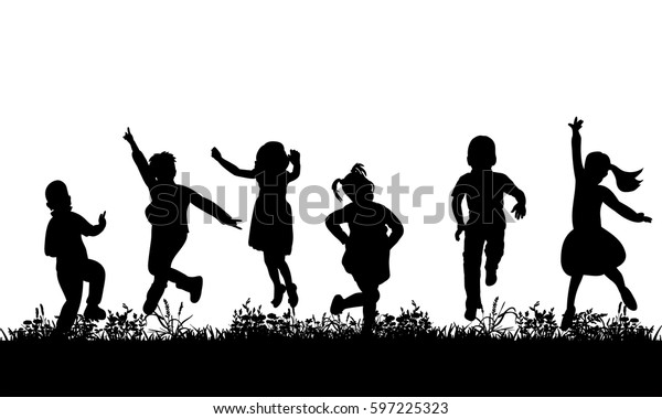 Download Silhouette Children Jumping On Grass Joy Stock Vector ...