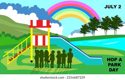 silhouette of children on a playground with slides and a small lake and a beautiful rainbow and bold text commemorating Hop A Park Day
