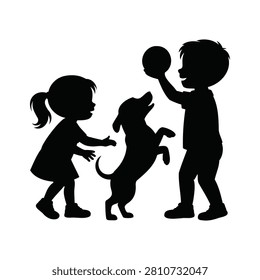 Silhouette of Children Playing Ball with Their Pet Dog Outdoors