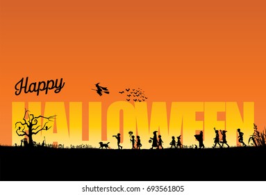 Silhouette of children playing on Halloween night, vector illustration
