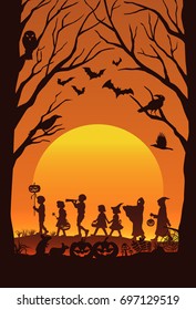 Silhouette of children playing on Halloween night, vector illustration