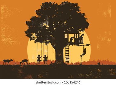 Silhouette of children playing at sunset, vector