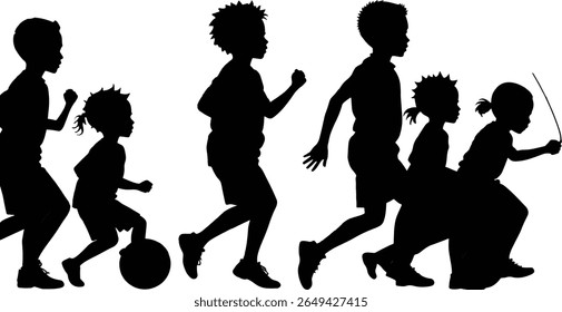 Uma silhueta de crianças jogando vários jogos. Eles estão correndo, pulando e desfrutando de uma corrida de saco. A imagem capta a energia e a alegria das atividades infantis.