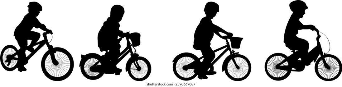 silhouette children riding bicycles on white background, vector