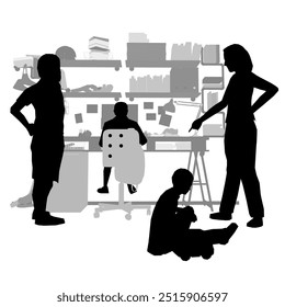 Silhouette of children room with table and many interior objects. Father, mother are standing next to their children. Small child playing on floor. Child sitting at table. Vector illustration.