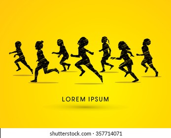 Silhouette, Children running, Designed using grunge brush graphic vector.