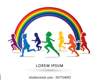 Silhouette, Children Running, Designed Using Colorful Colors On Rainbows Background Graphic Vector.