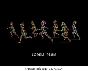 Silhouette, Children running, Designed using colorful triangle mosaic graphic vector.