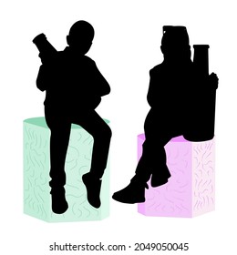 Silhouette of children sitting on an ottoman. Photo studio and model. Isometric flat style. Isolated illustration.