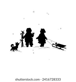 silhouette of children with sleds, winter holiday, hand drawn vector