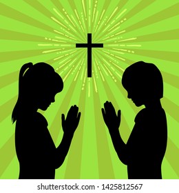Silhouette of children turned to God with prayer and worship