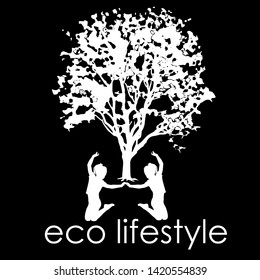 Silhouette of children under a big tree of an elm with leaves in the summer, the inverse black-and-white vector image
