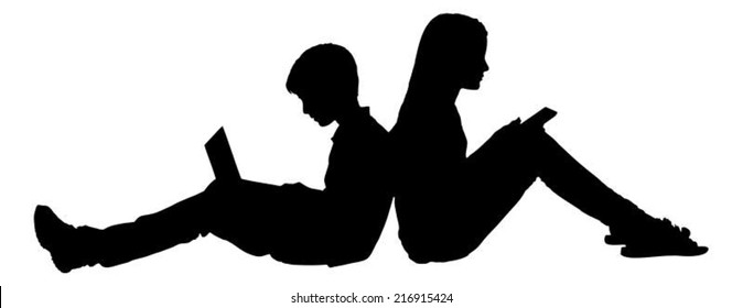 Silhouette children using technologies while sitting back to back over white background. Vector image