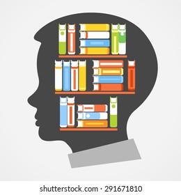 Silhouette of the child's head with shelves and books. Concept of Education