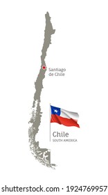 Silhouette of Chile country map. Gray editable map with waving national flag and Santiago de Chili city capital, South America country territory borders vector illustration on white background