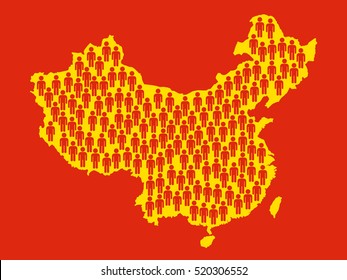 Silhouette Of China With Symbol Of Man. Human Overpopulation In Country - Demographic Problem Because Of Fast And Excessive Reproduction Of Chinese People