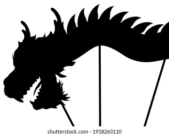 Silhouette of Chinese dragon costume over poles performing its traditional dance, isolated over white background.