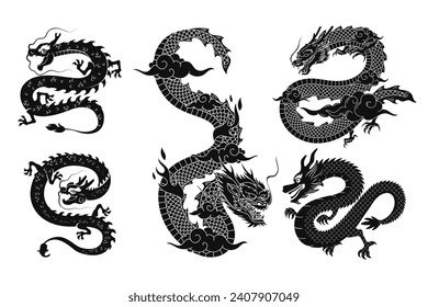 Silhouette of Chinese dragon crawling Set.