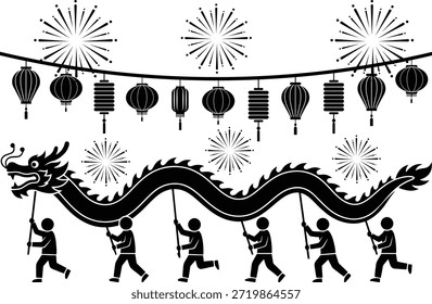 Actuación de danza del dragón chino con fuegos artificiales y linternas en una Ilustración vectorial de escenario tradicional