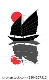 Silhouette of chinese Junk boat with sails. Traditional ink painting style